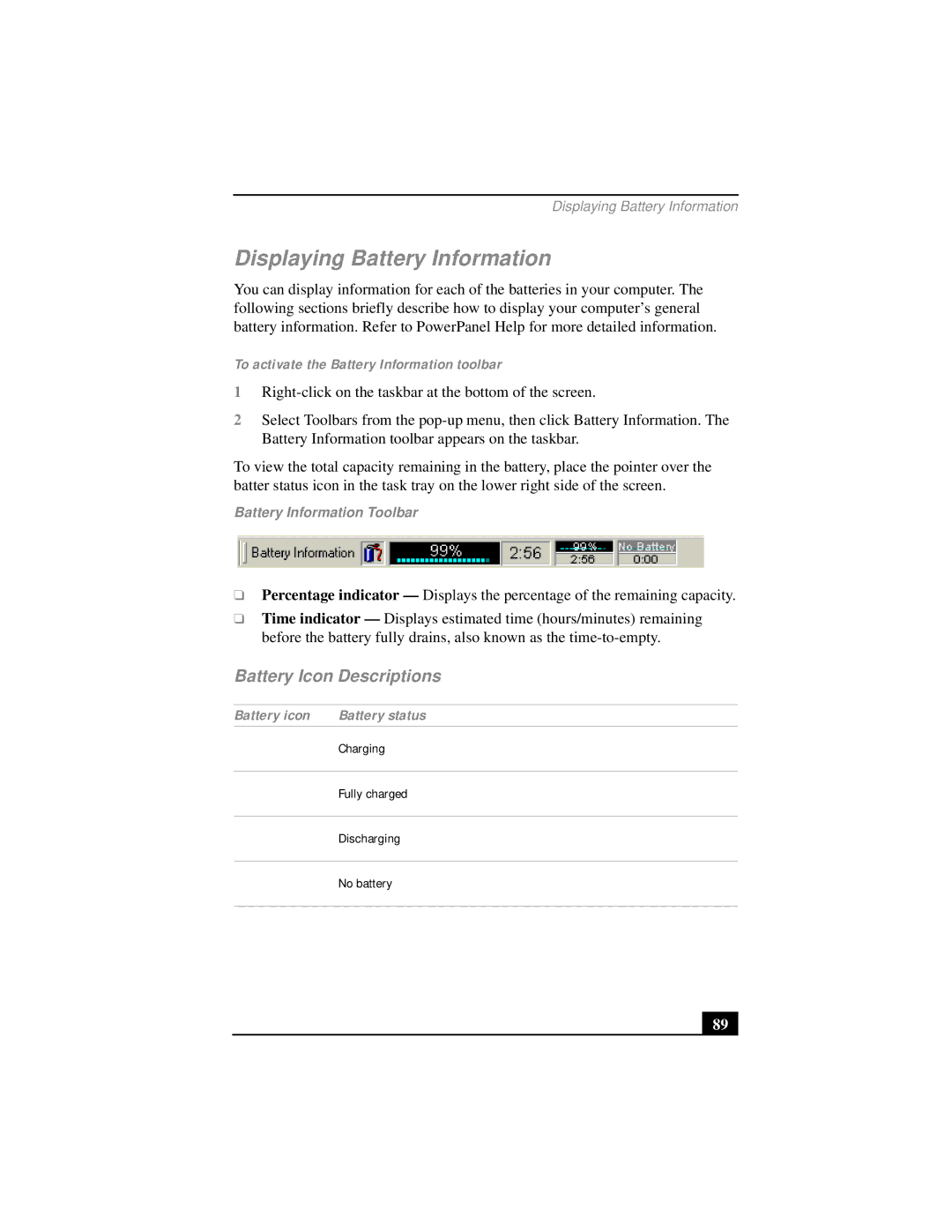 Sony PCG-FX290 Displaying Battery Information, Battery Icon Descriptions, To activate the Battery Information toolbar 