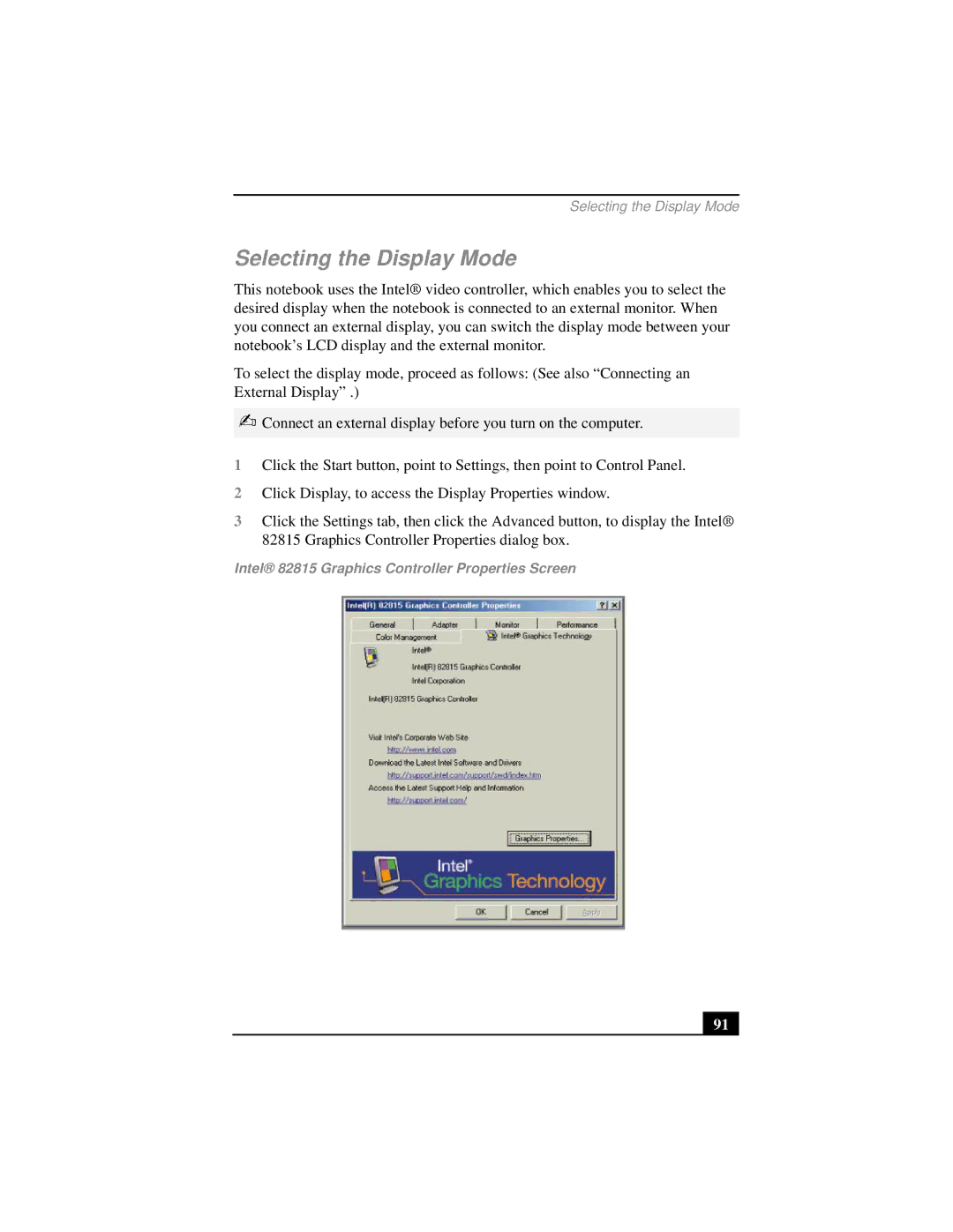 Sony PCG-FX290 manual Selecting the Display Mode, Intel 82815 Graphics Controller Properties Screen 