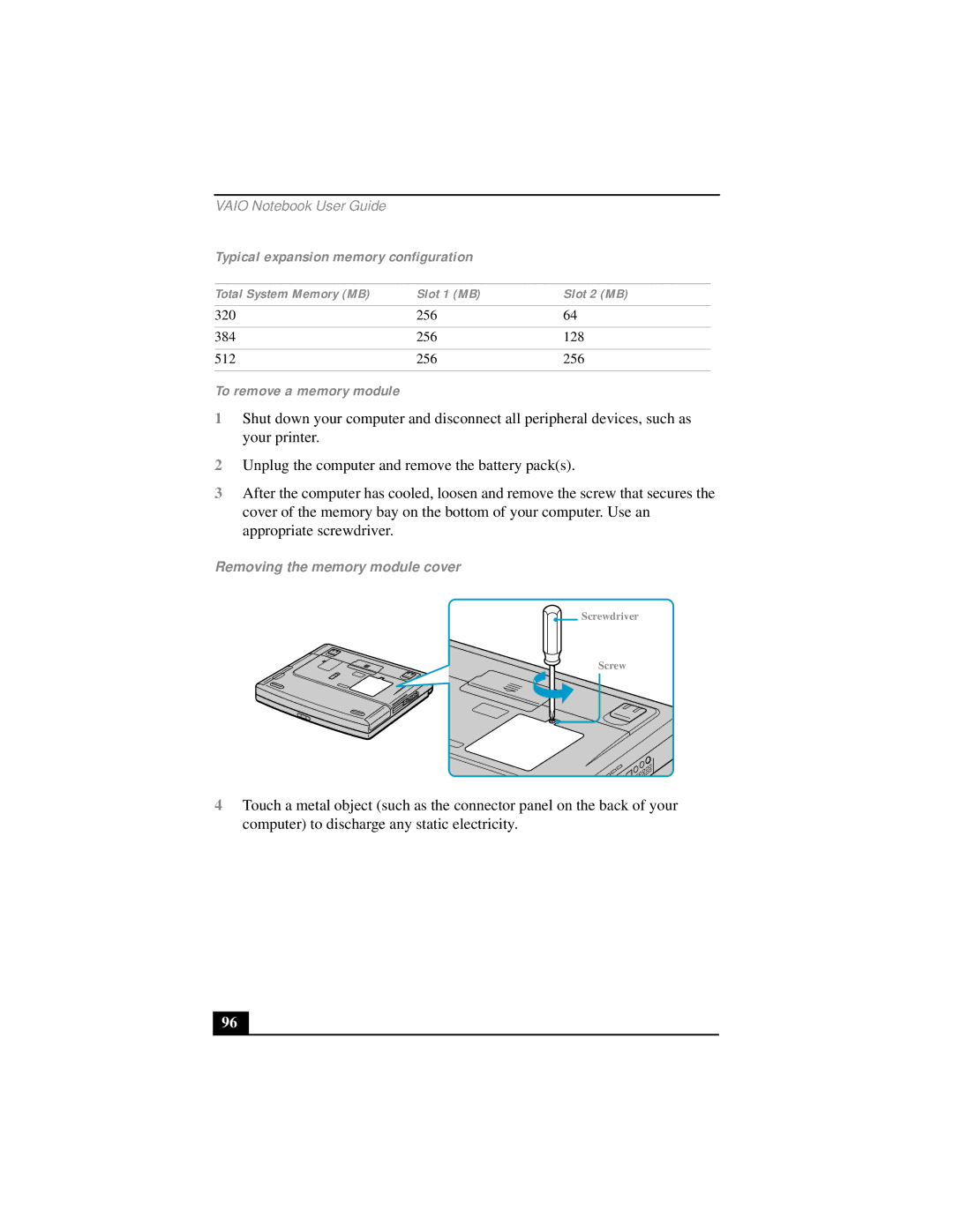 Sony PCG-FX290 manual Typical expansion memory configuration, To remove a memory module, Slot 1 MB Slot 2 MB 