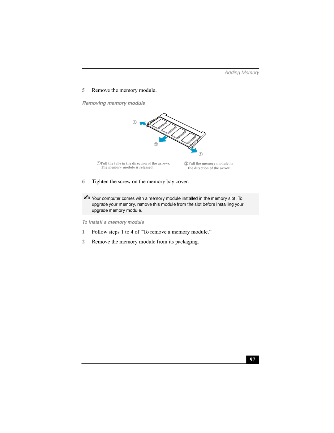 Sony PCG-FX290 manual To install a memory module, Removing memory module 