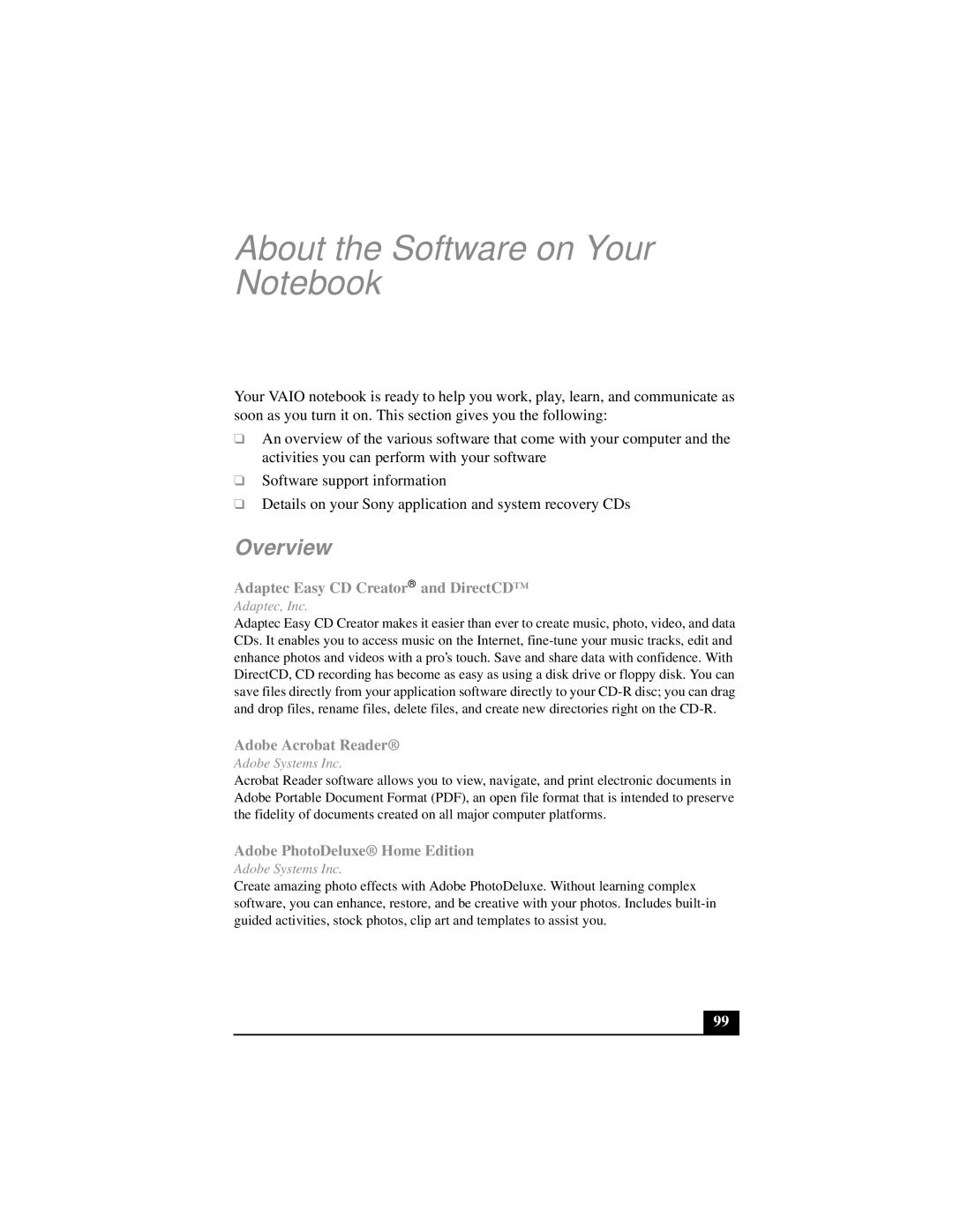 Sony PCG-FX290 manual About the Software on Your Notebook, Overview 