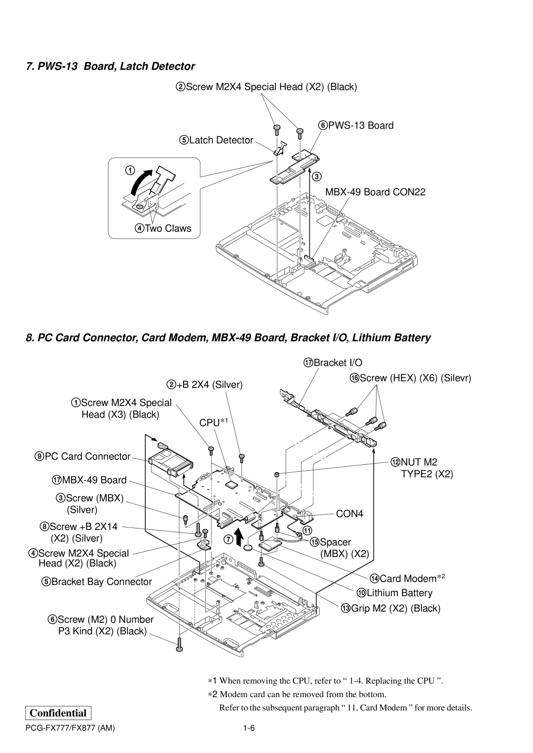 Sony PCG-FX877 service manual PWS-13 Board, Latch Detector, 8Screw +B X2 Silver 