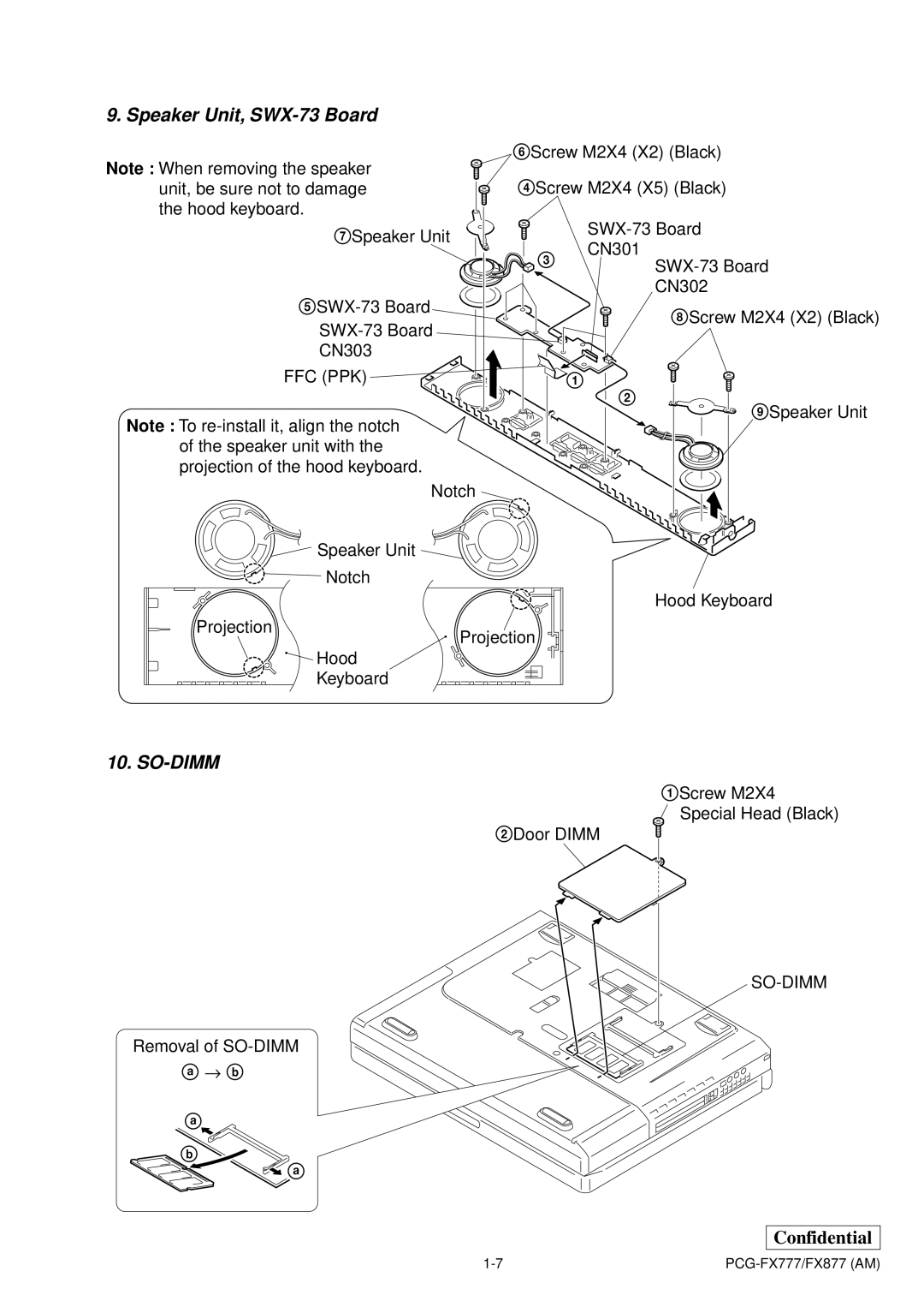 Sony PCG-FX877 service manual Speaker Unit, SWX-73 Board, So-Dimm 