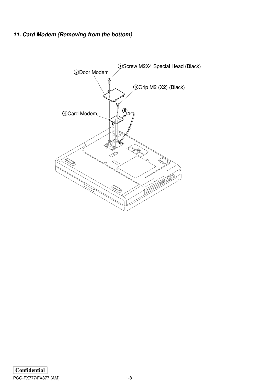 Sony PCG-FX877 service manual Card Modem Removing from the bottom 