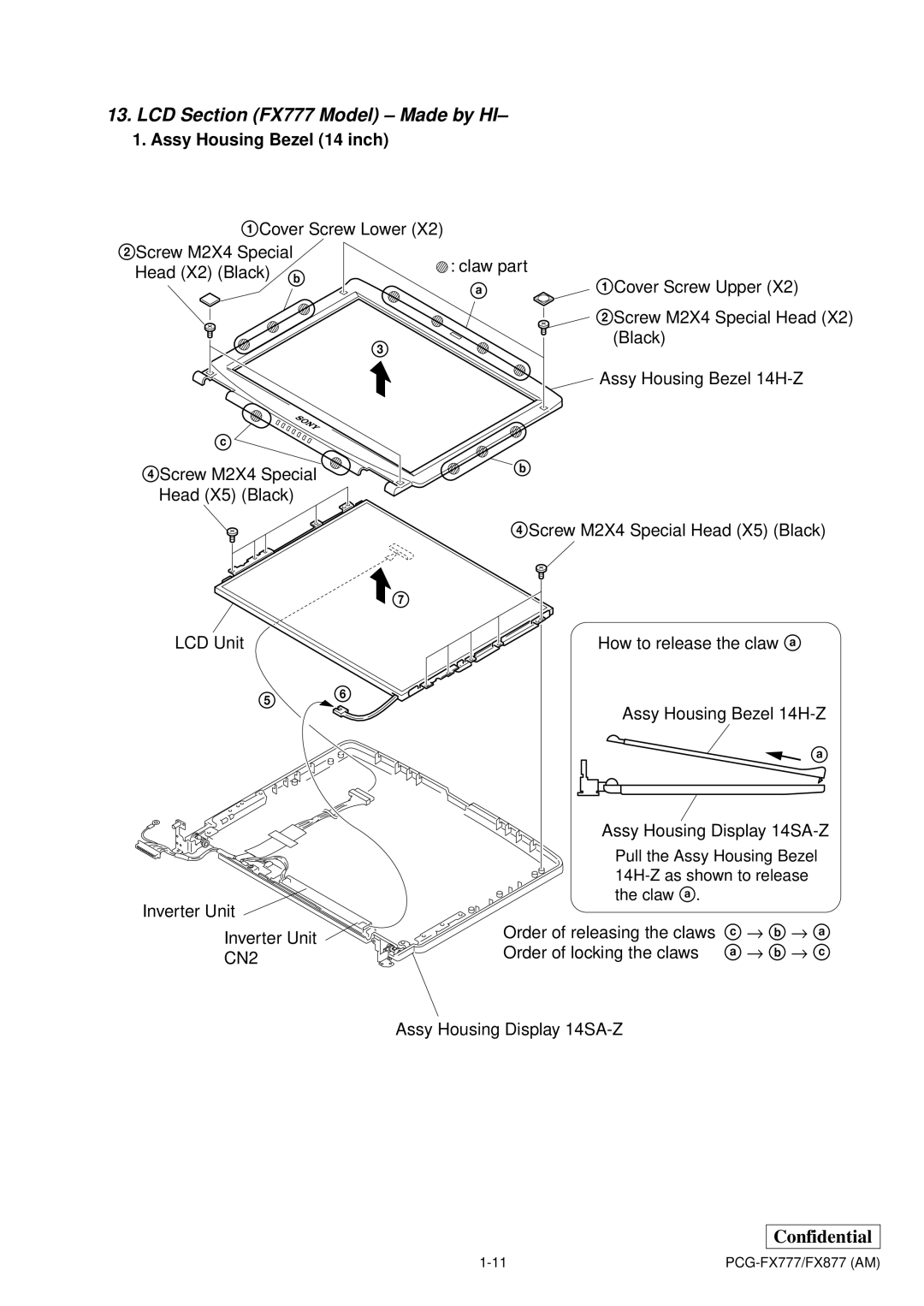 Sony PCG-FX877 service manual LCD Section FX777 Model Made by HI, Assy Housing Bezel 14 inch 