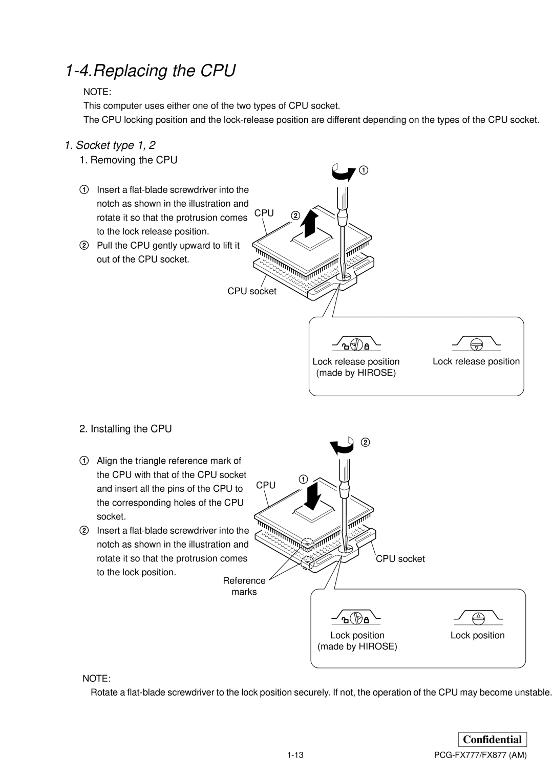 Sony PCG-FX877 service manual Replacing the CPU, Socket type 1 