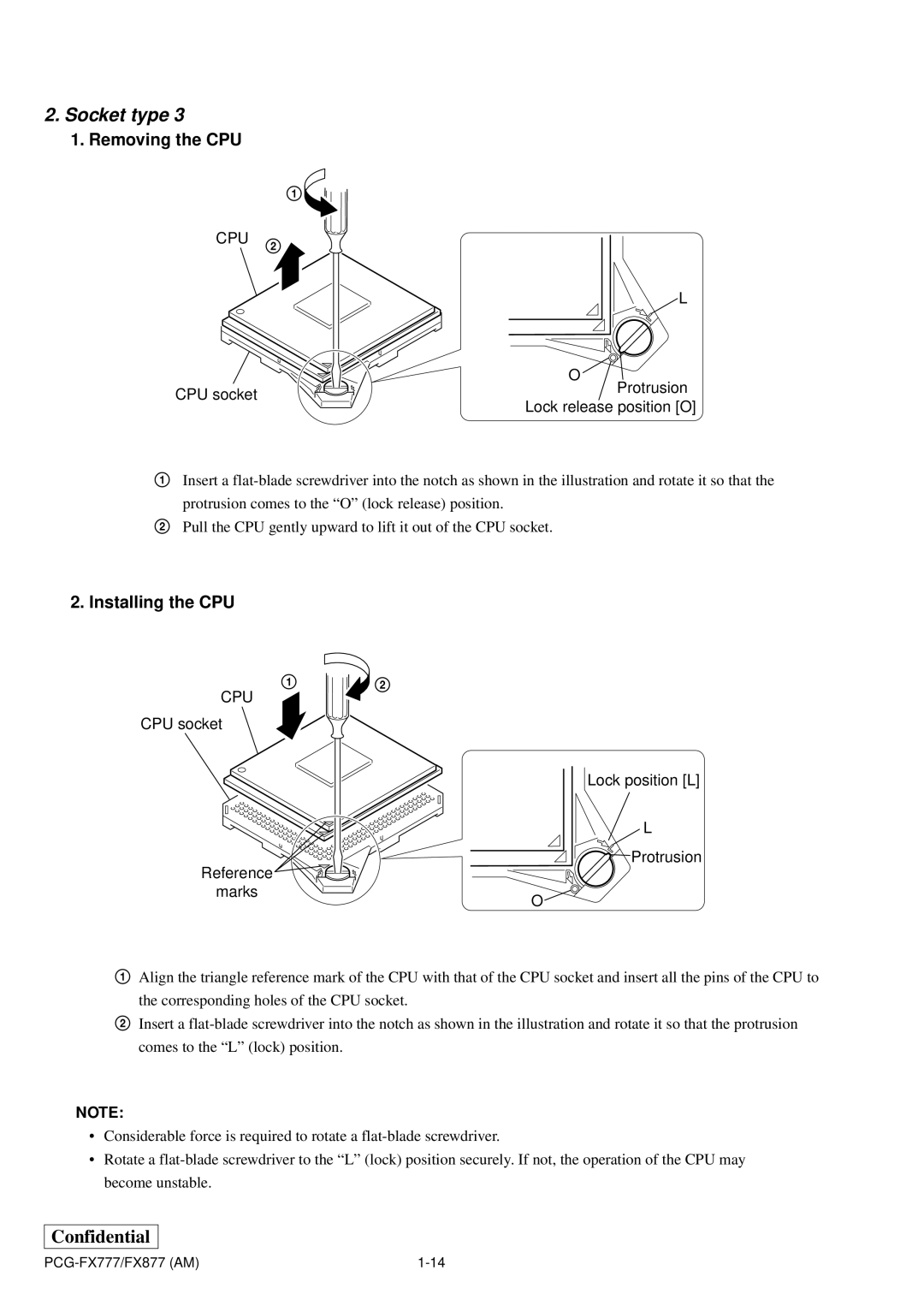 Sony PCG-FX877 service manual Socket type, CPU socket Protrusion Lock release position O 