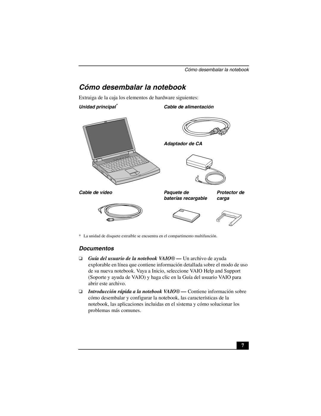 Sony PCG-FX877 service manual Cómo desembalar la notebook, Documentos 