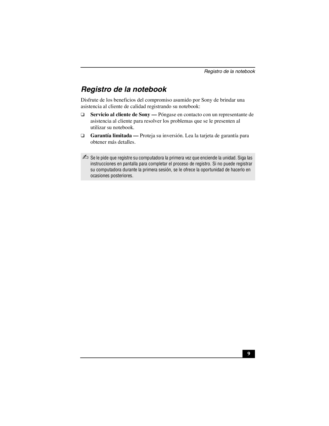 Sony PCG-FX877 service manual Registro de la notebook 