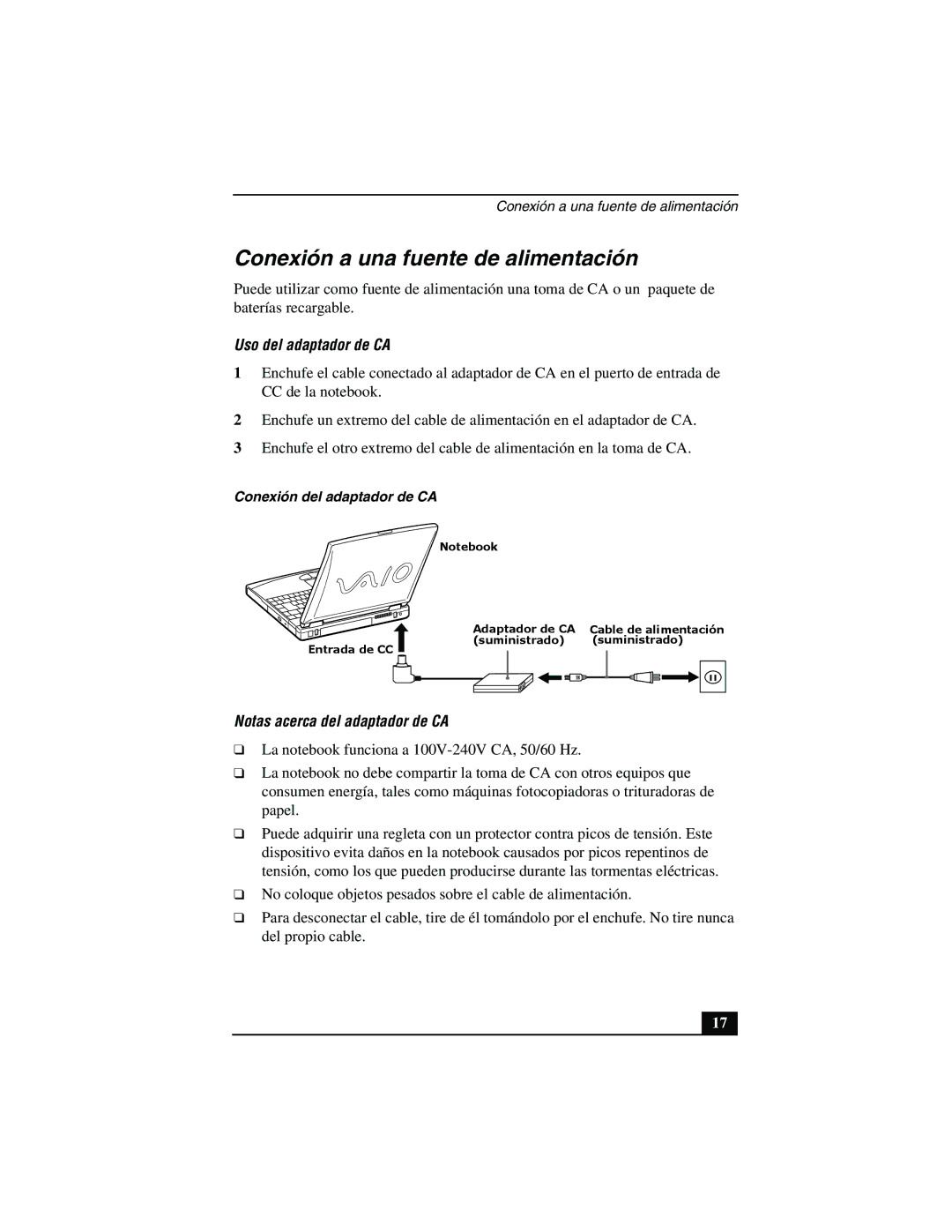 Sony PCG-FX877 service manual Conexión a una fuente de alimentación, Uso del adaptador de CA 