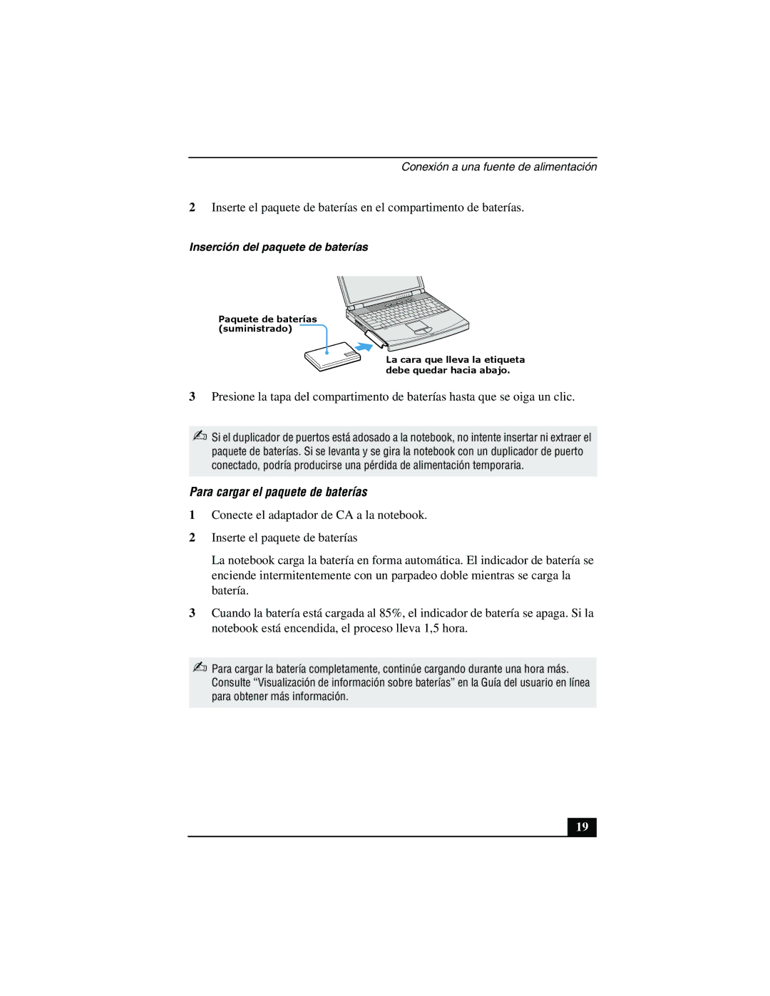 Sony PCG-FX877 service manual Para cargar el paquete de baterías 