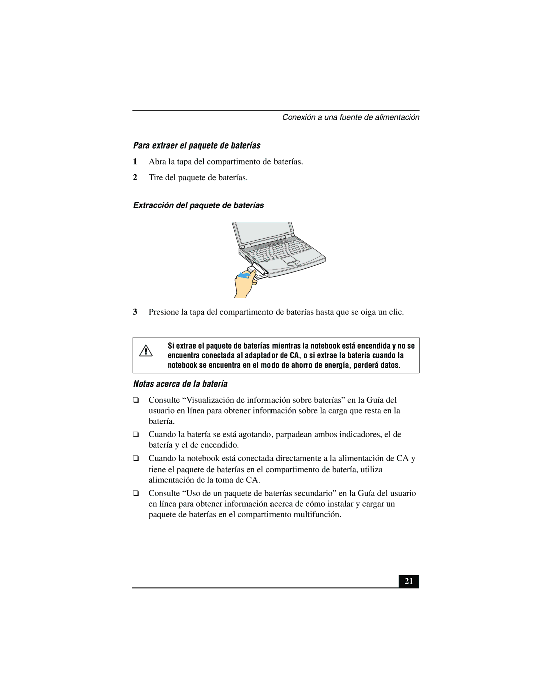 Sony PCG-FX877 service manual Para extraer el paquete de baterías 