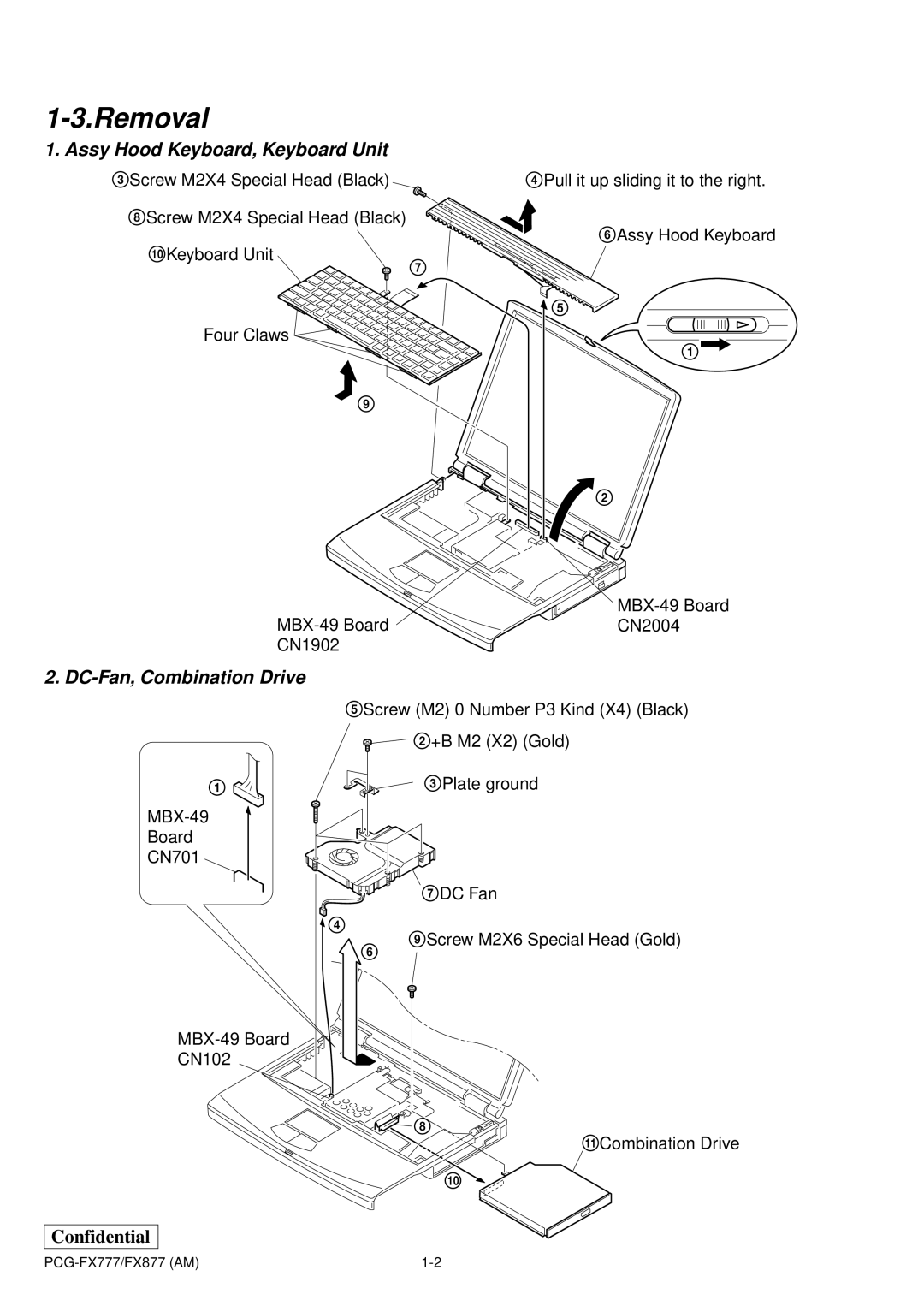 Sony PCG-FX877 service manual Assy Hood Keyboard, Keyboard Unit, DC-Fan, Combination Drive 