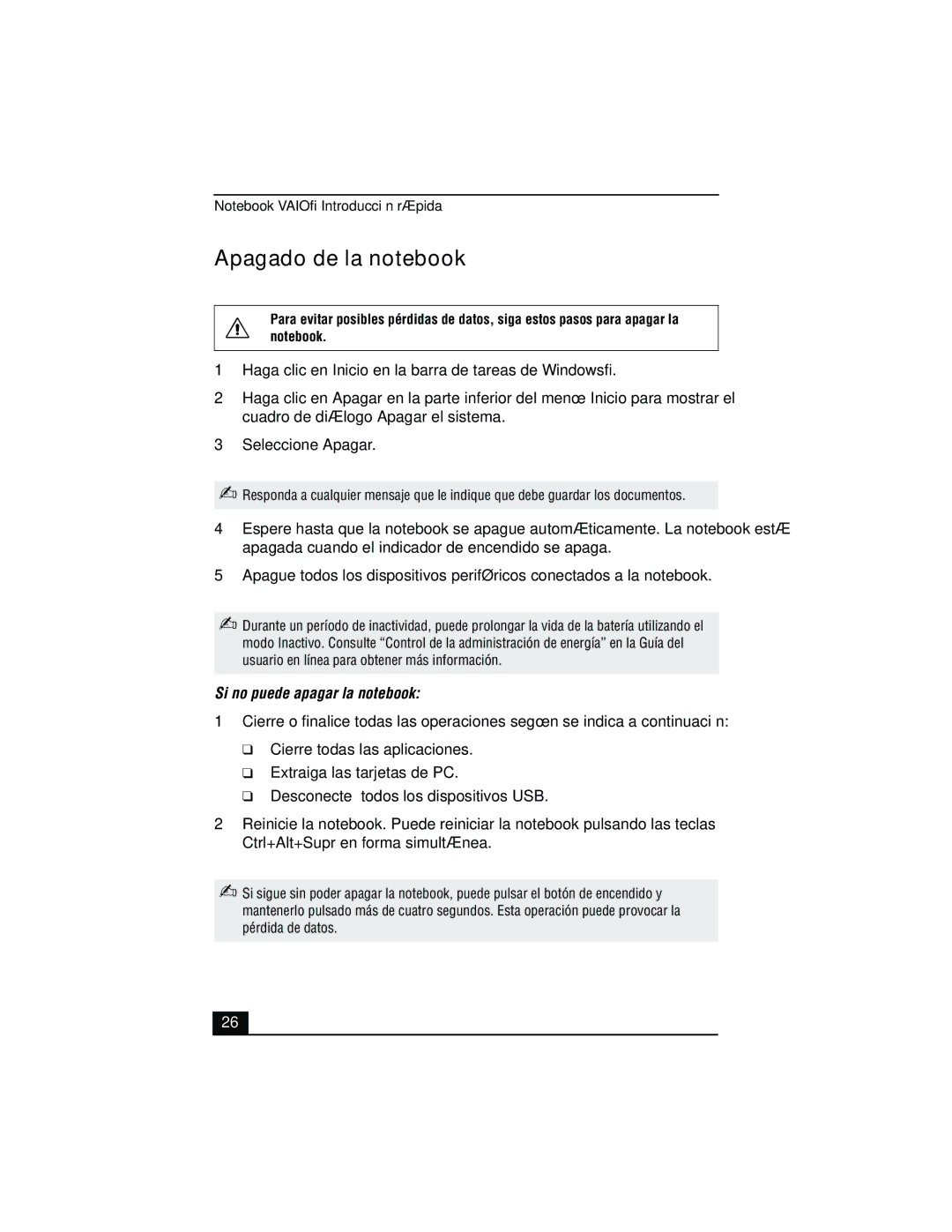 Sony PCG-FX877 service manual Apagado de la notebook, Si no puede apagar la notebook 