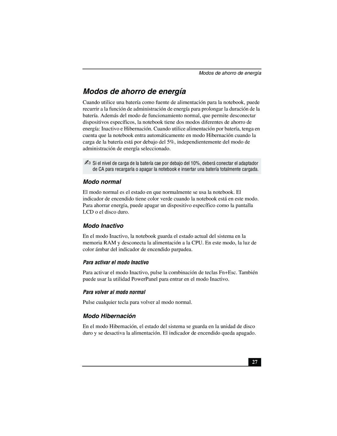 Sony PCG-FX877 service manual Modos de ahorro de energía, Modo normal, Modo Inactivo, Modo Hibernación 