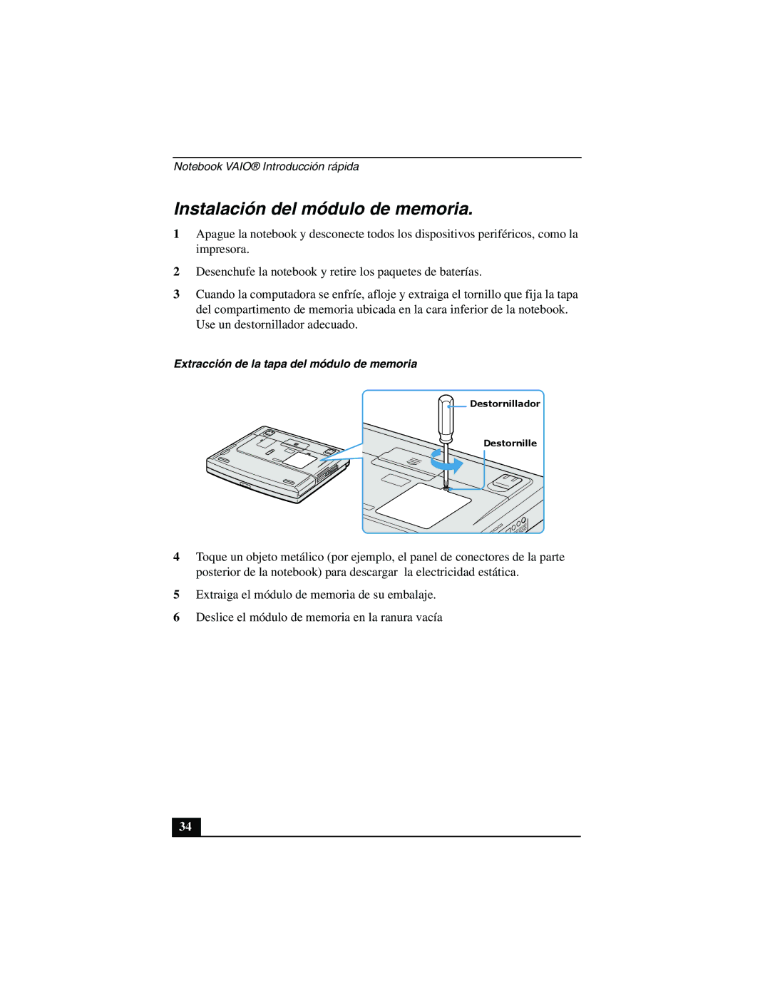 Sony PCG-FX877 service manual Instalación del módulo de memoria 