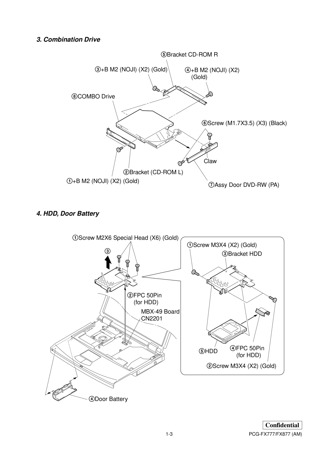 Sony PCG-FX877 service manual Combination Drive, HDD, Door Battery 