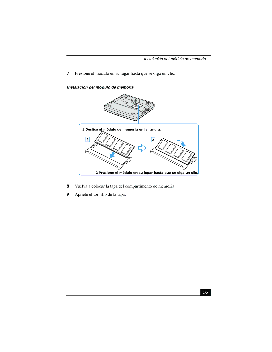 Sony PCG-FX877 service manual Presione el módulo en su lugar hasta que se oiga un clic 