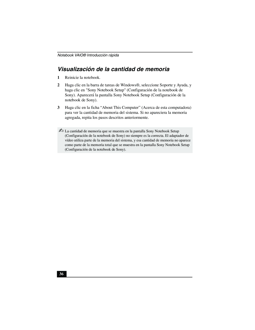 Sony PCG-FX877 service manual Visualización de la cantidad de memoria 