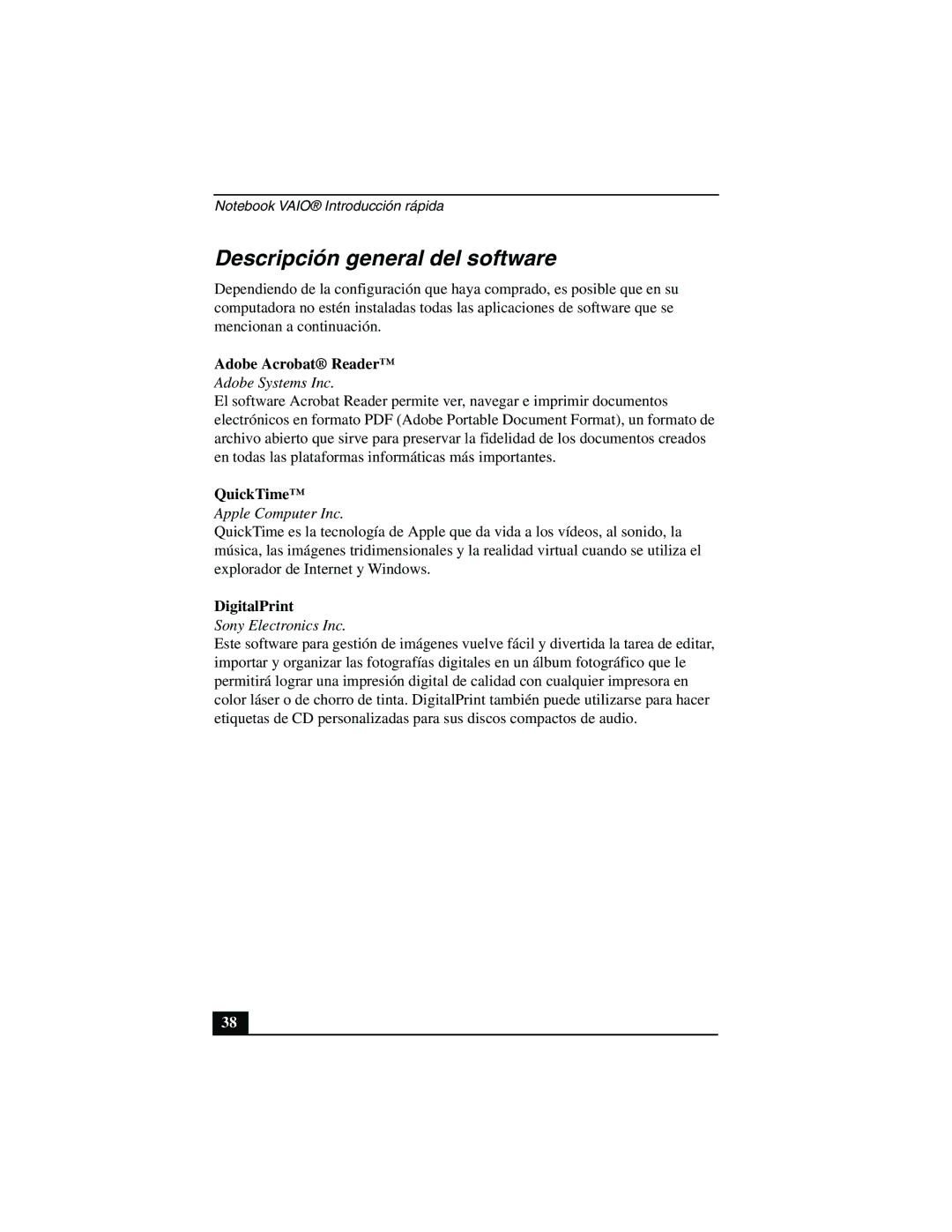 Sony PCG-FX877 service manual Descripción general del software, QuickTime 