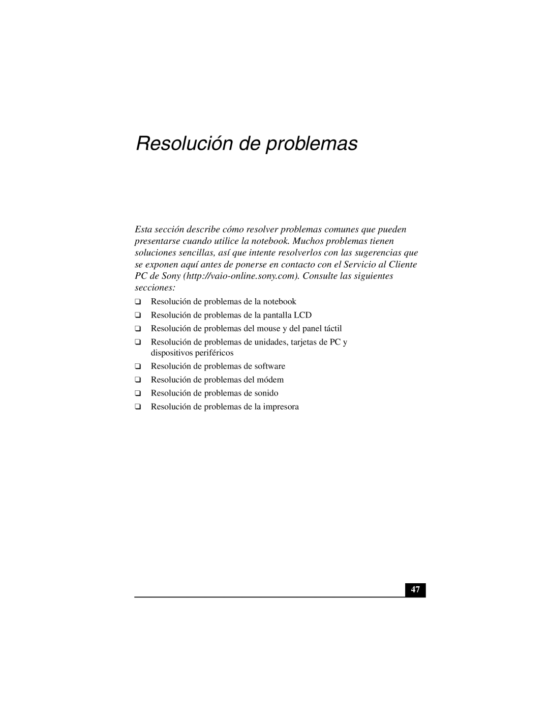 Sony PCG-FX877 service manual Resolución de problemas 