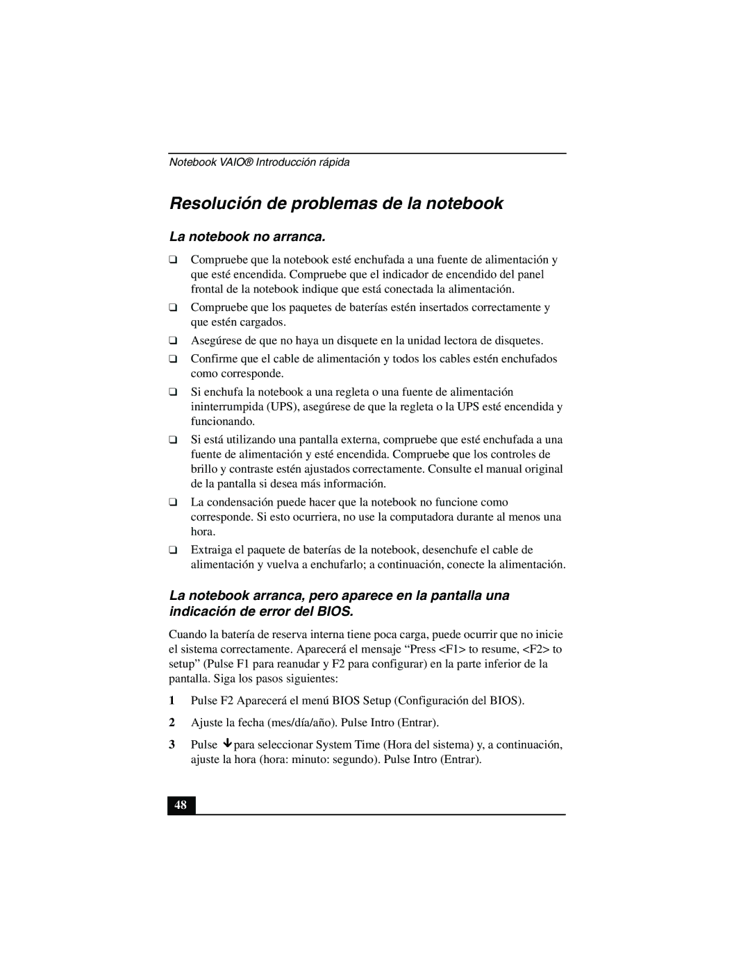 Sony PCG-FX877 service manual Resolución de problemas de la notebook, La notebook no arranca 