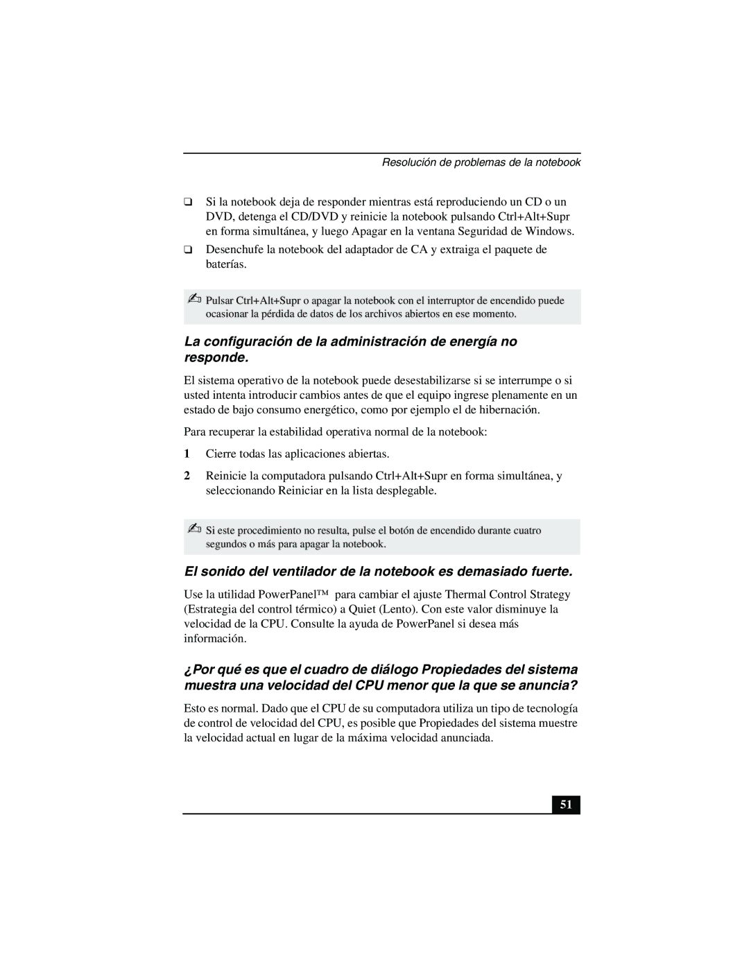 Sony PCG-FX877 service manual La configuración de la administración de energía no responde 