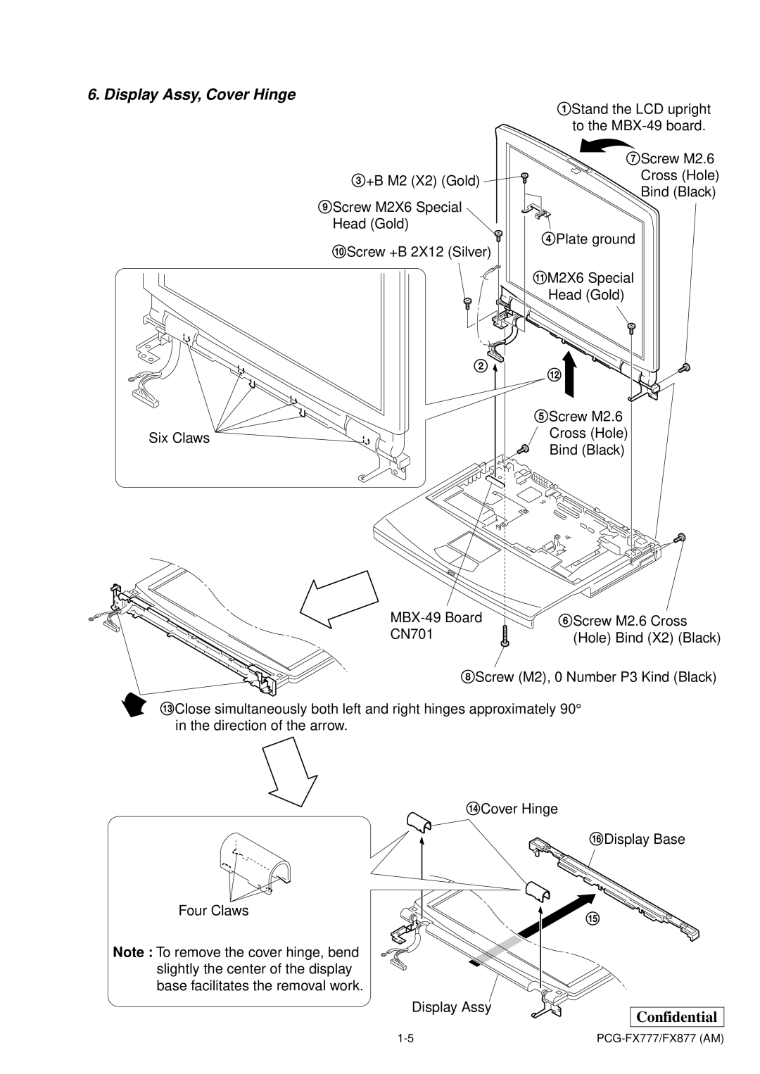 Sony PCG-FX877 service manual Display Assy, Cover Hinge 