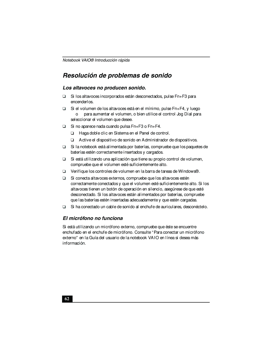 Sony PCG-FX877 service manual Resolución de problemas de sonido, Los altavoces no producen sonido, El micrófono no funciona 