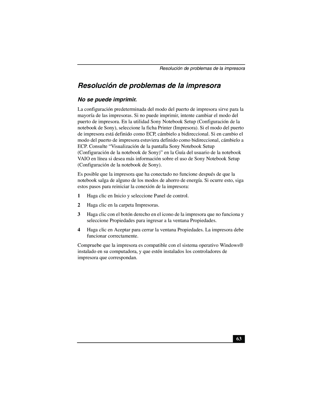 Sony PCG-FX877 service manual Resolución de problemas de la impresora, No se puede imprimir 