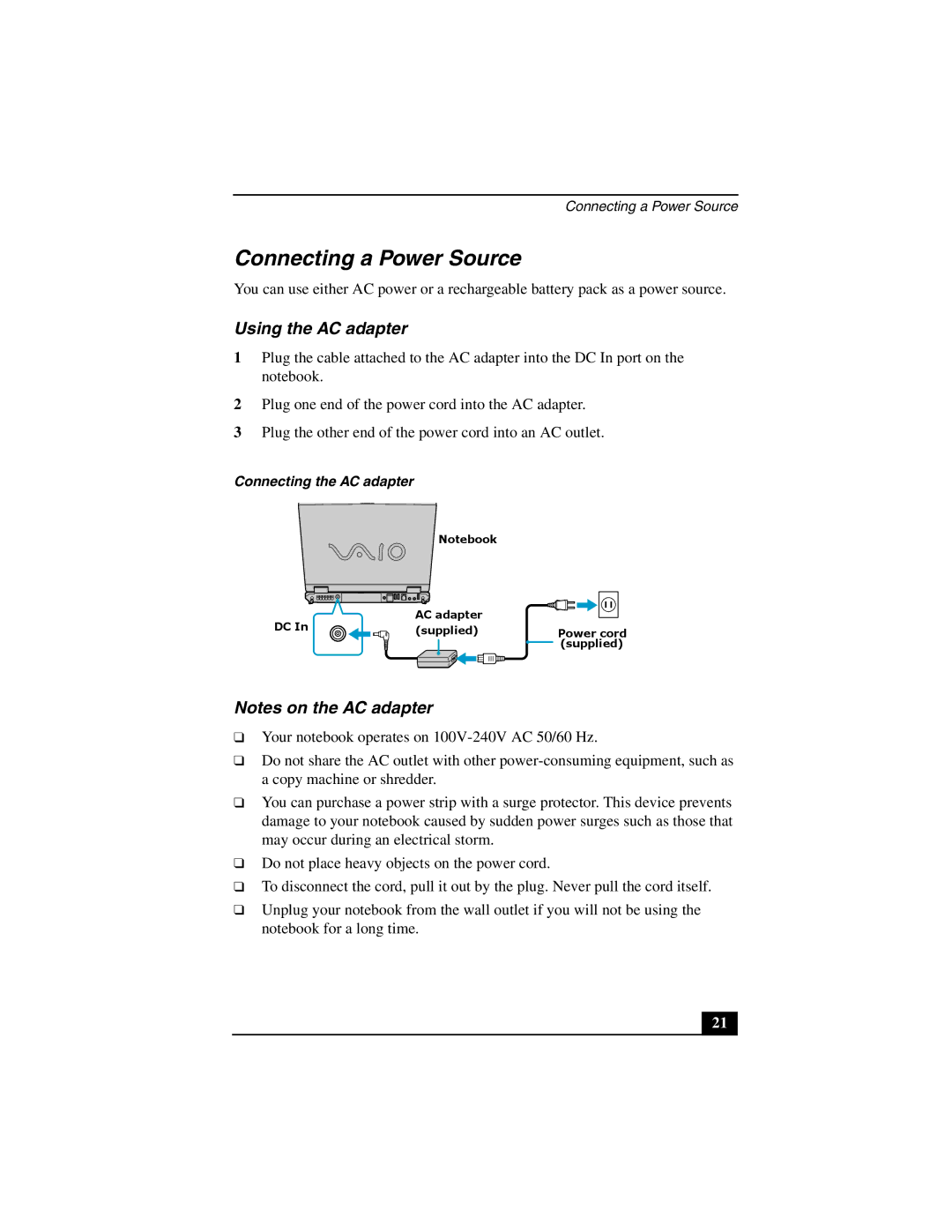 Sony PCG-GR200 quick start Connecting a Power Source, Using the AC adapter 