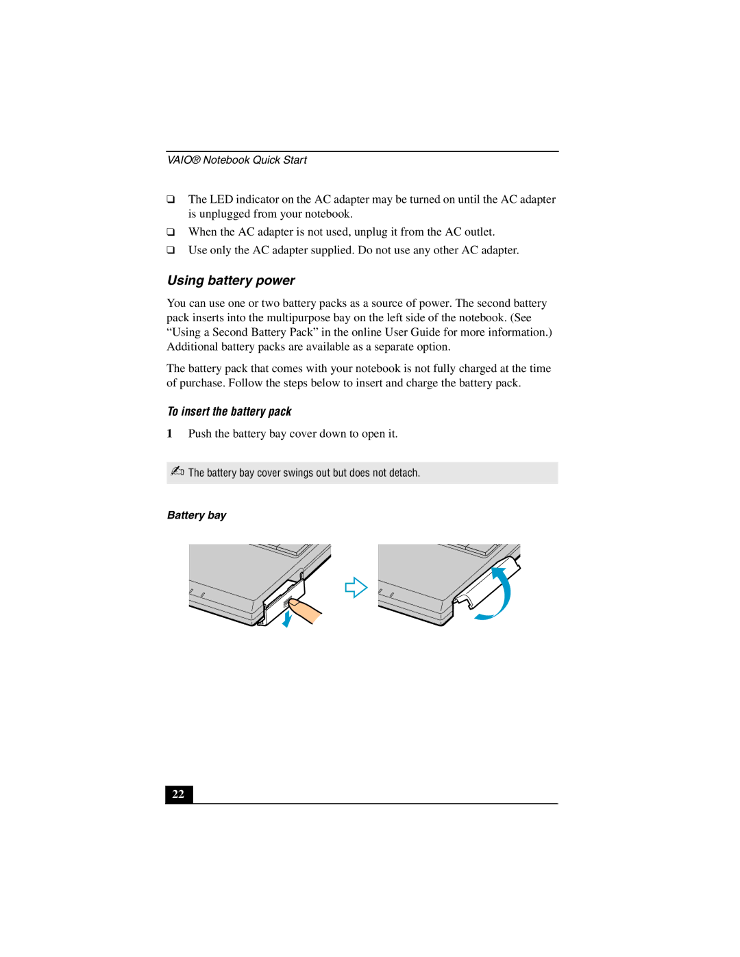 Sony PCG-GR200 quick start Using battery power, To insert the battery pack 