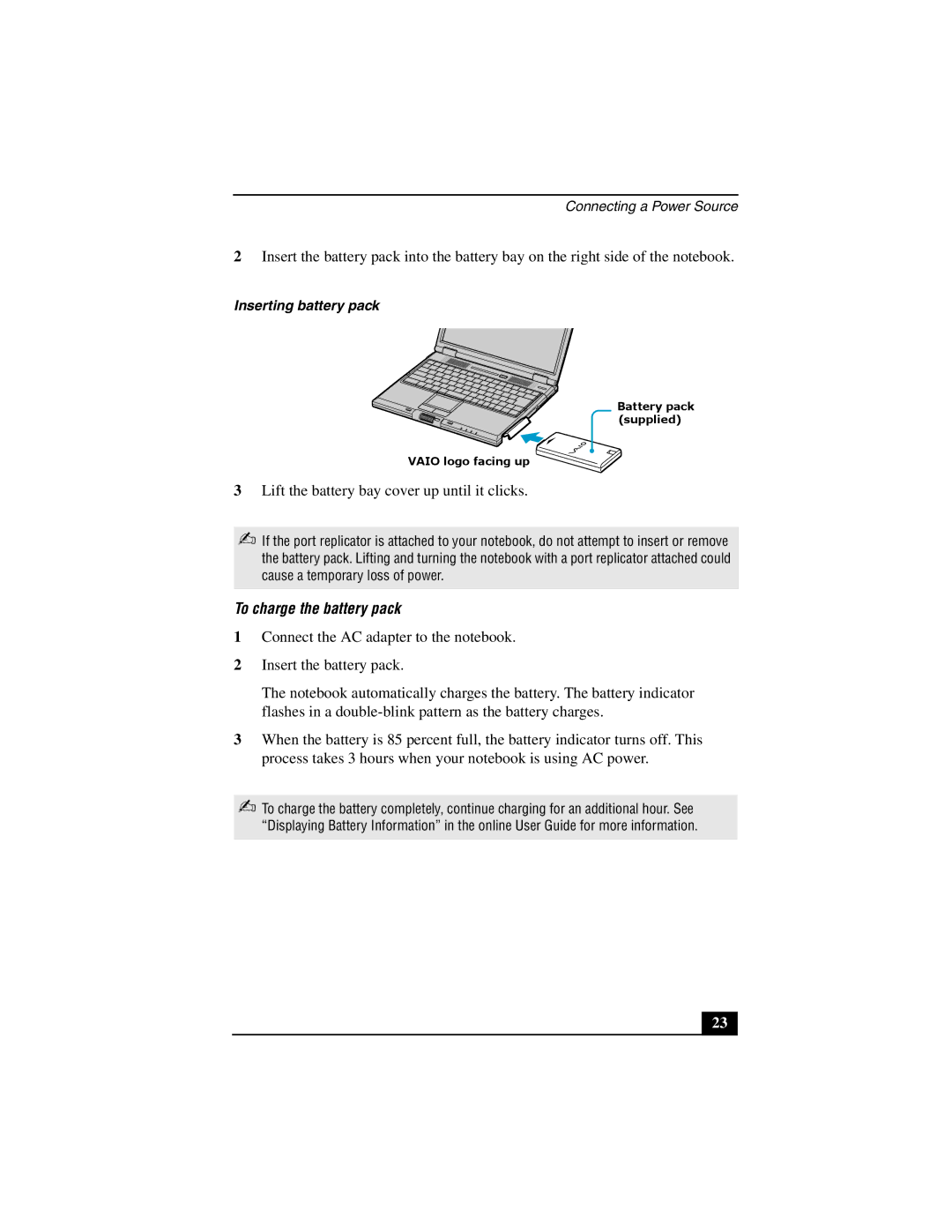 Sony PCG-GR200 quick start Lift the battery bay cover up until it clicks, To charge the battery pack 