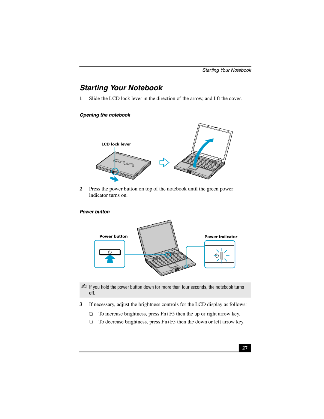 Sony PCG-GR200 quick start Starting Your Notebook, Power button 