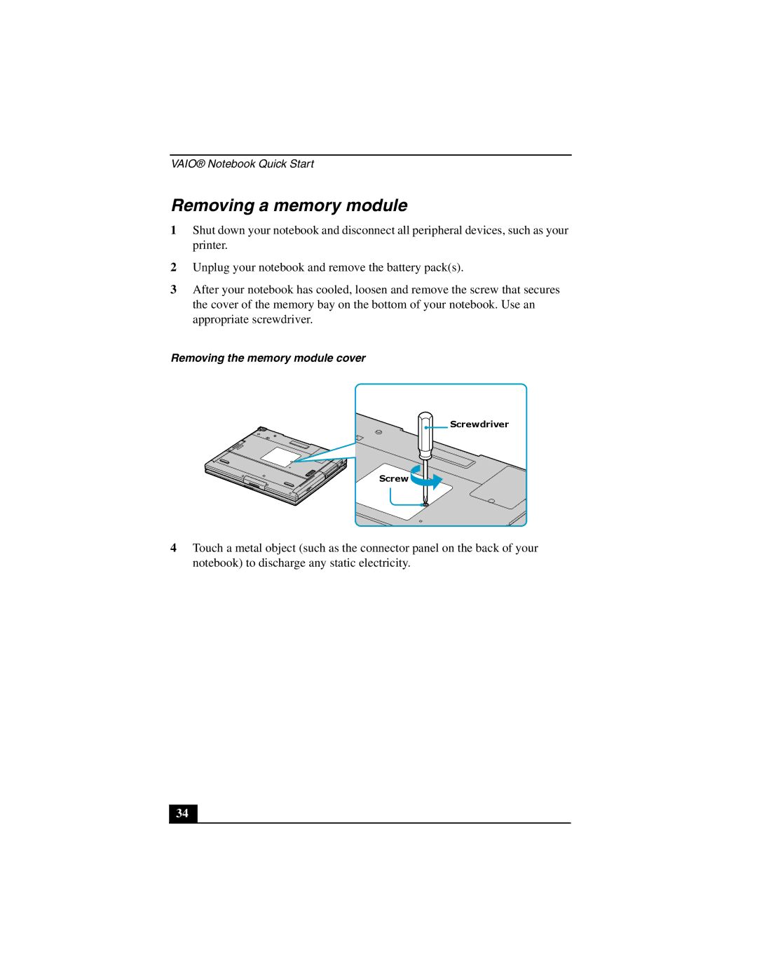 Sony PCG-GR200 quick start Removing a memory module 