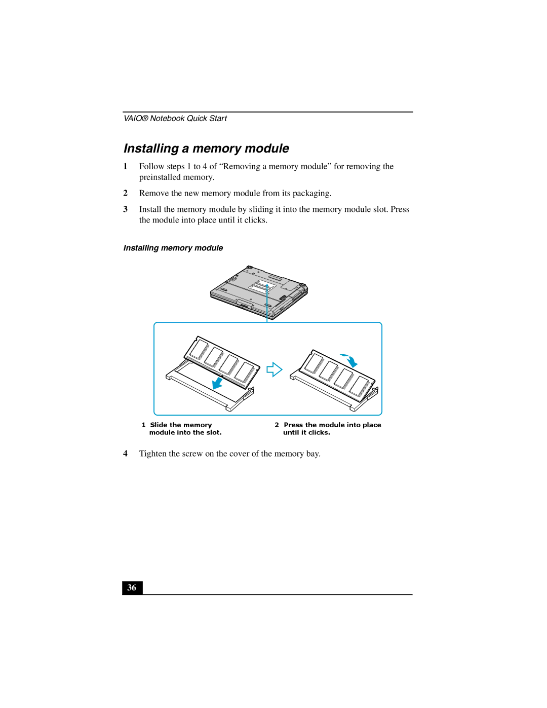 Sony PCG-GR200 quick start Installing a memory module 