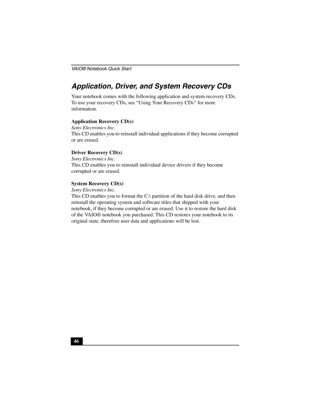 Sony PCG-GR200 quick start Application, Driver, and System Recovery CDs, Application Recovery CDs, Driver Recovery CDs 