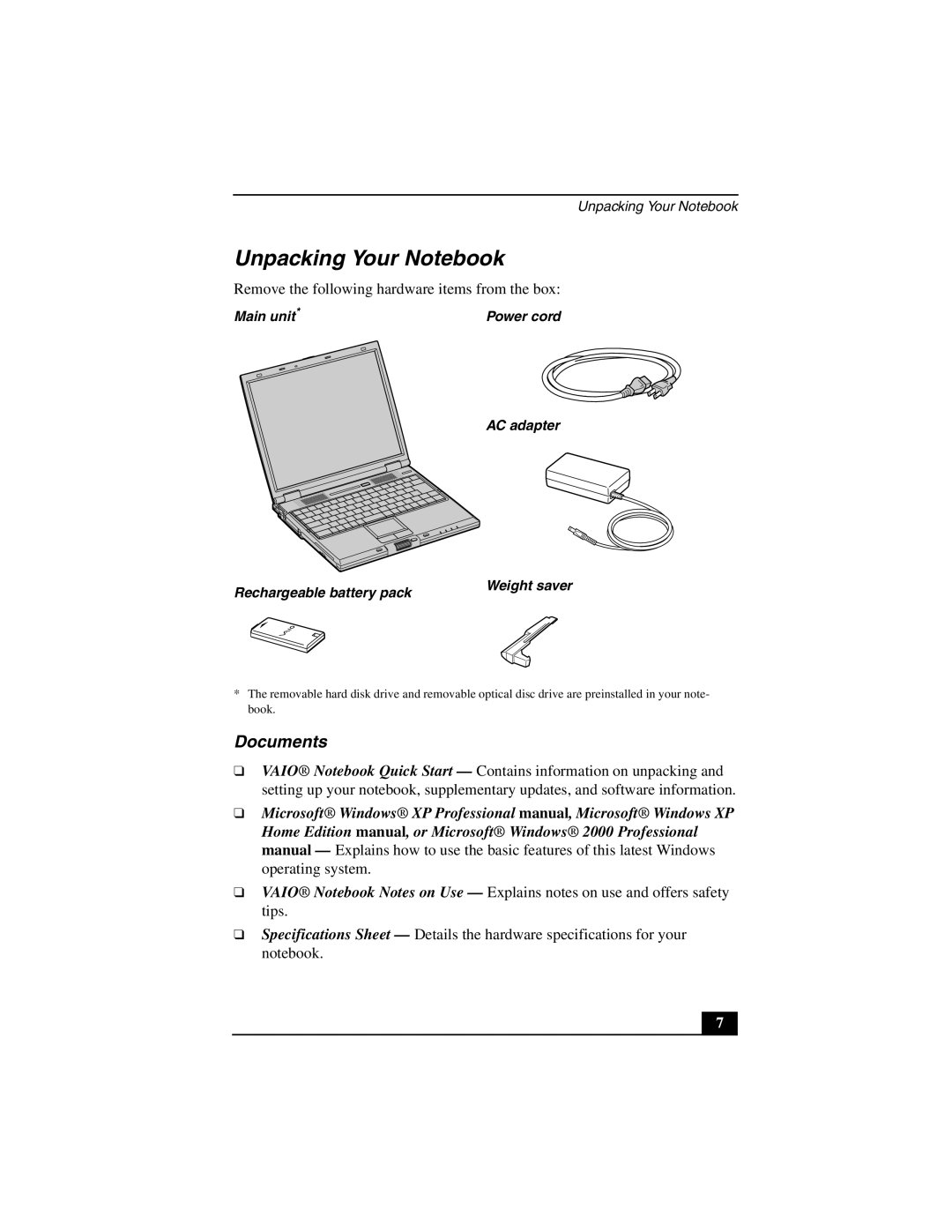 Sony PCG-GR200 quick start Unpacking Your Notebook, Remove the following hardware items from the box 