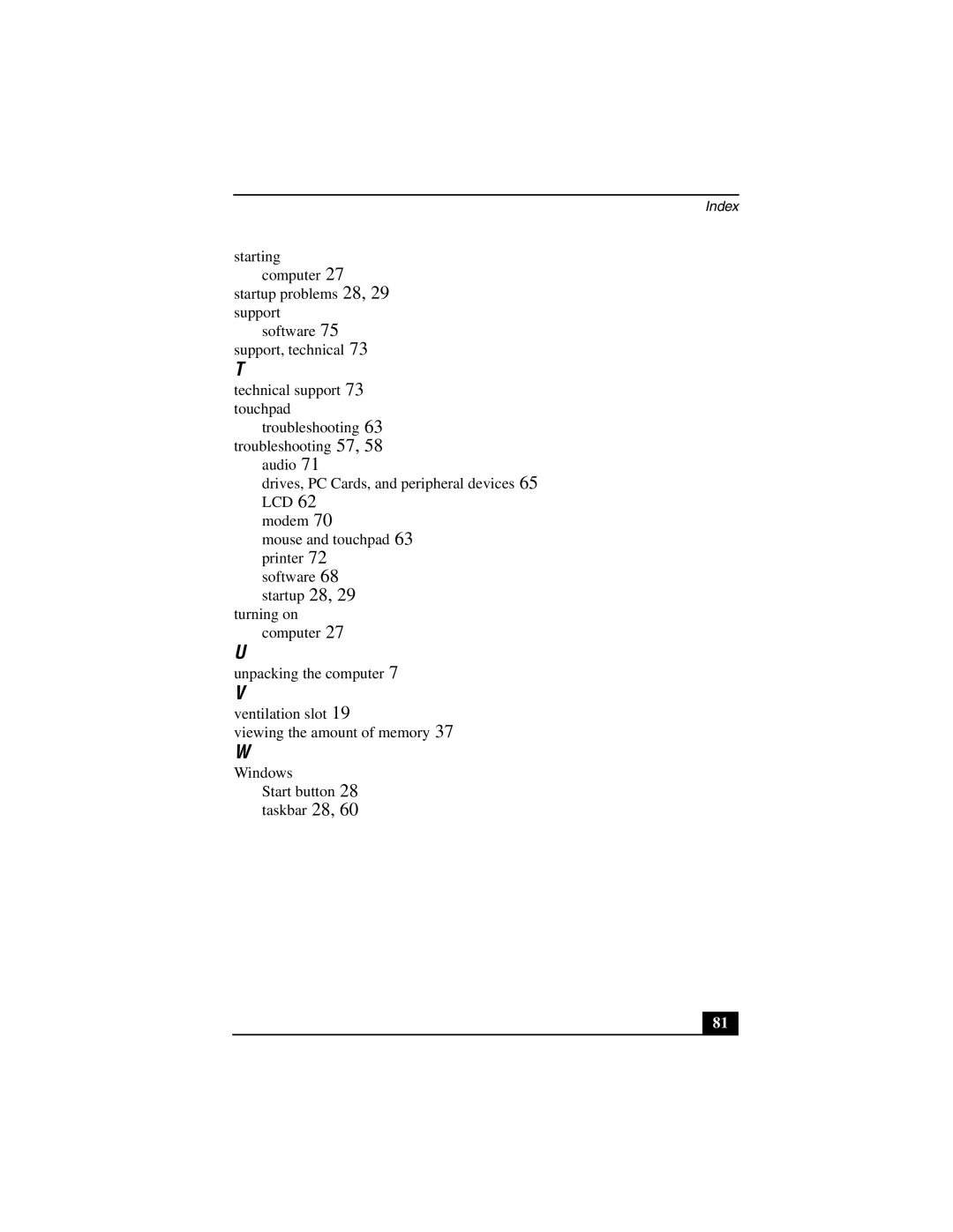 Sony PCG-GR200 quick start Index 