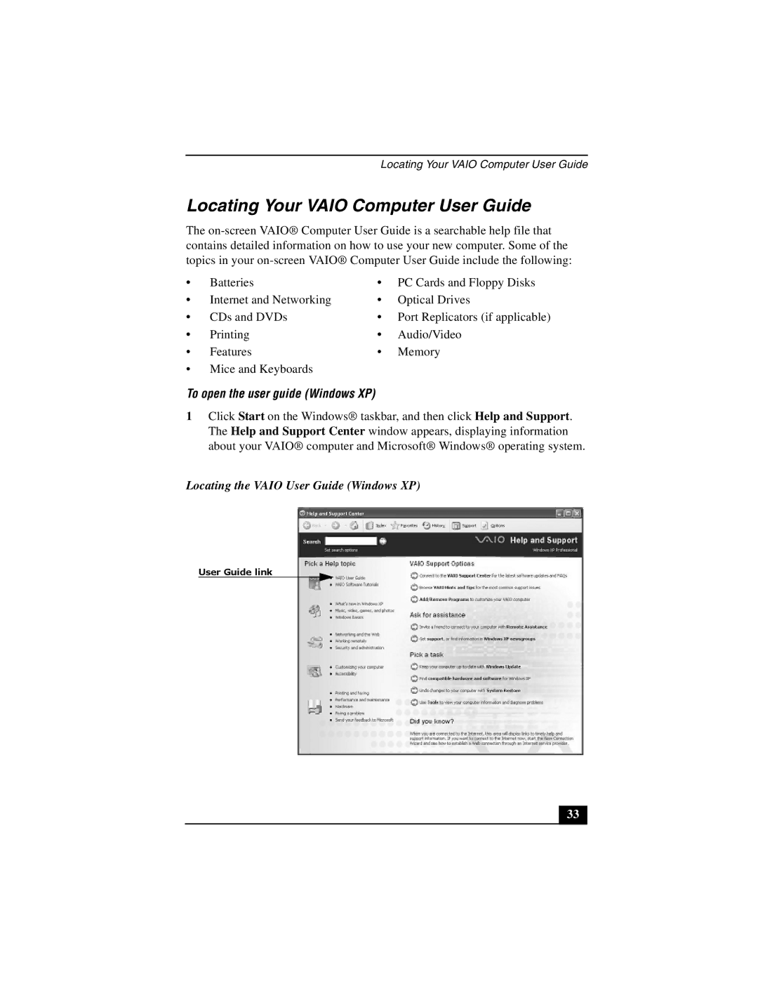 Sony PCG-GRT100 quick start Locating Your Vaio Computer User Guide, To open the user guide Windows XP 