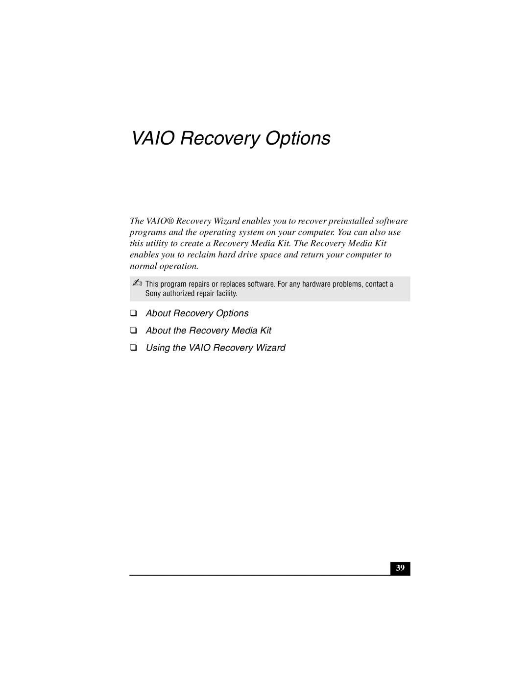 Sony PCG-GRT100 quick start Vaio Recovery Options 