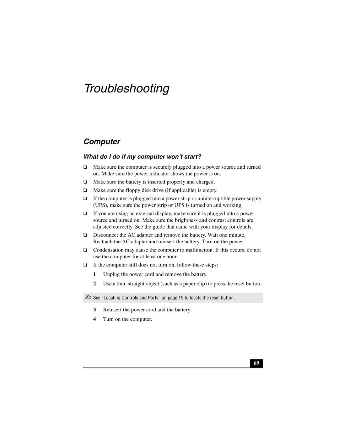 Sony PCG-GRT100 quick start Troubleshooting, Computer, What do I do if my computer won’t start? 