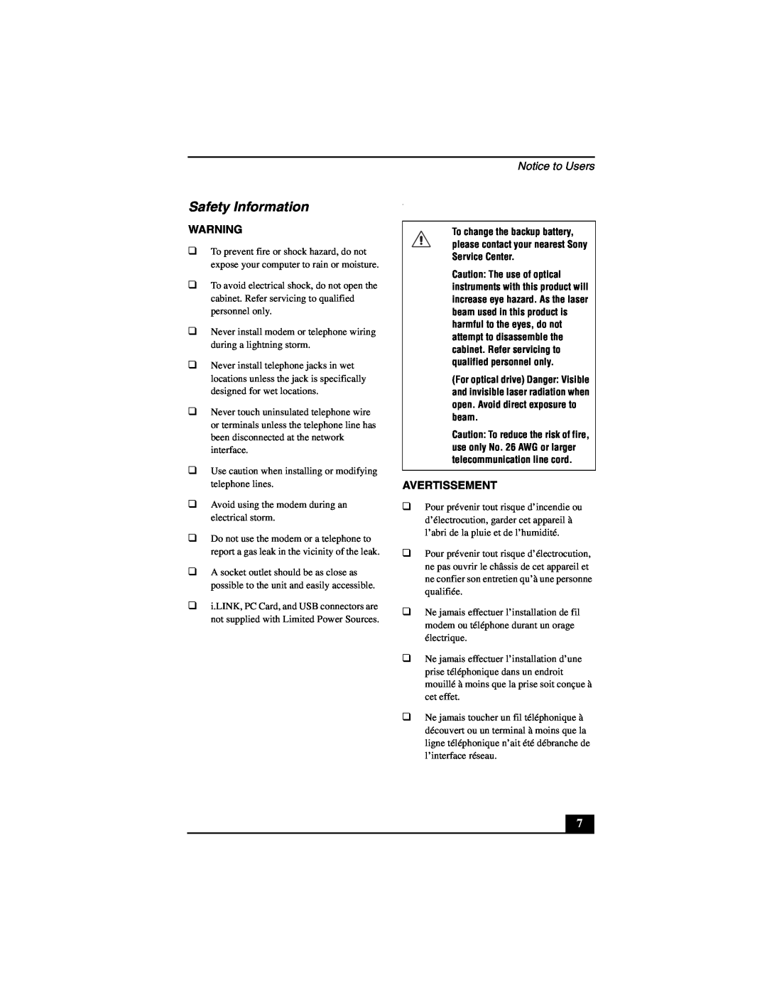 Sony PCG-GRT100 quick start Safety Information, Notice to Users, Avertissement 
