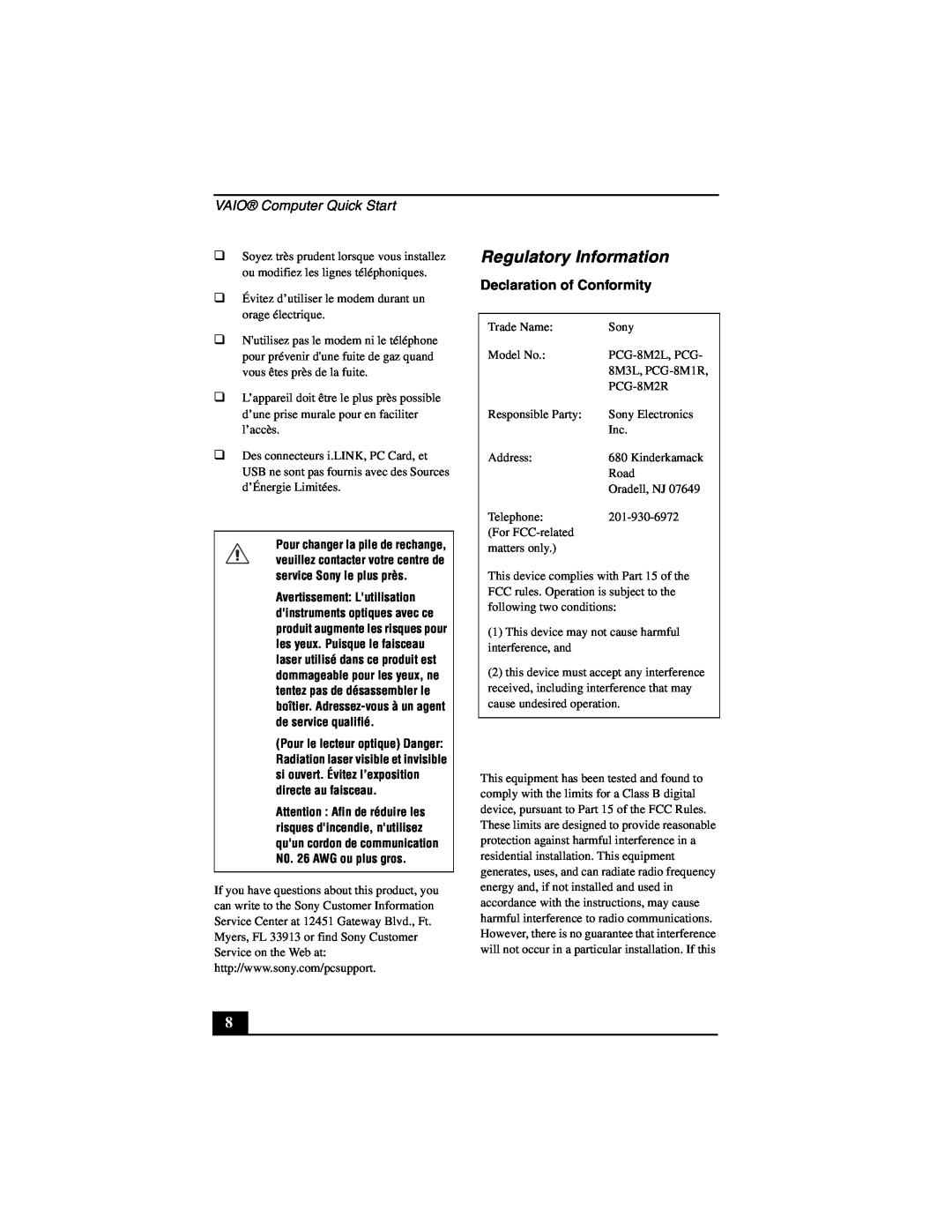 Sony PCG-GRT100 quick start Regulatory Information, VAIO Computer Quick Start, Declaration of Conformity 