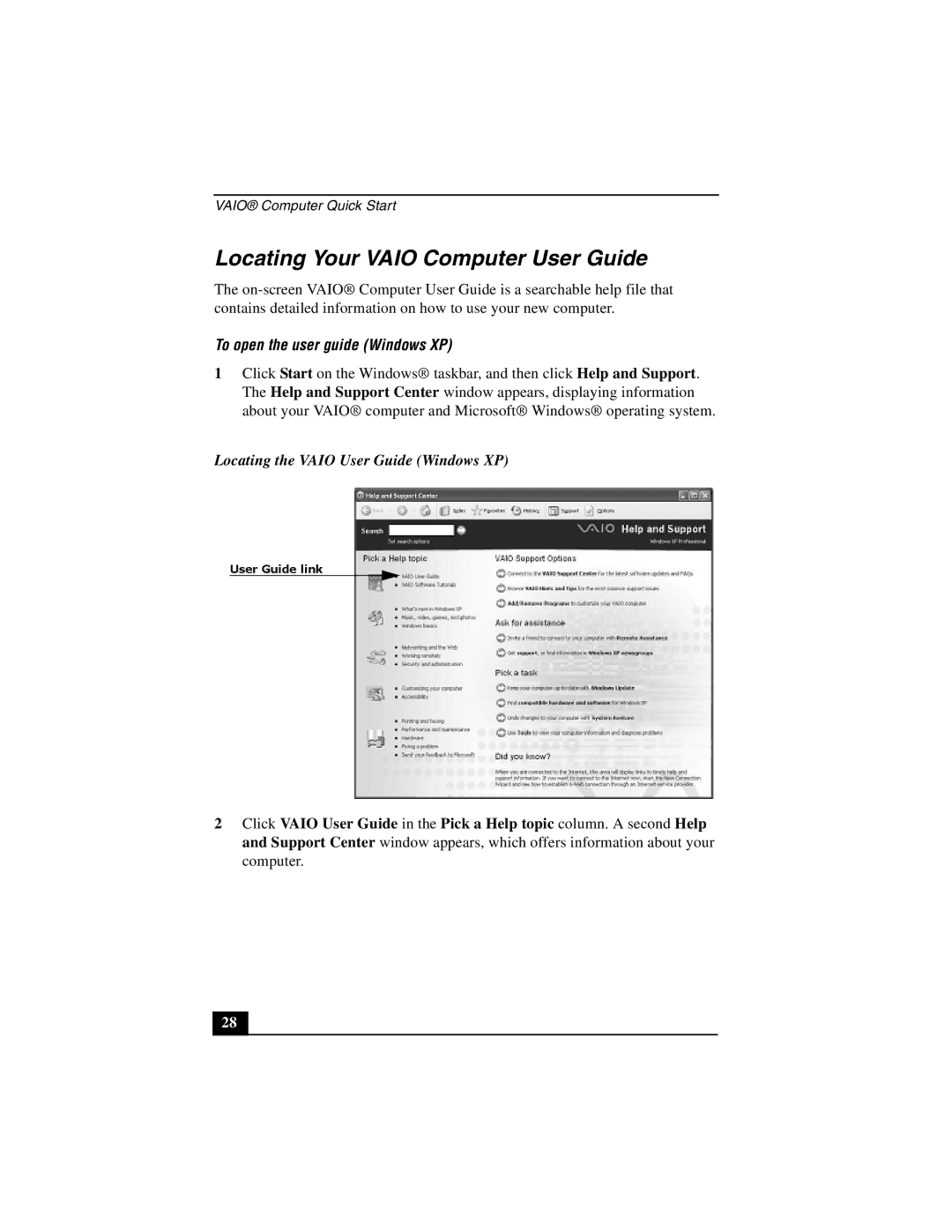 Sony PCG-GRT200 quick start Locating Your Vaio Computer User Guide, To open the user guide Windows XP 