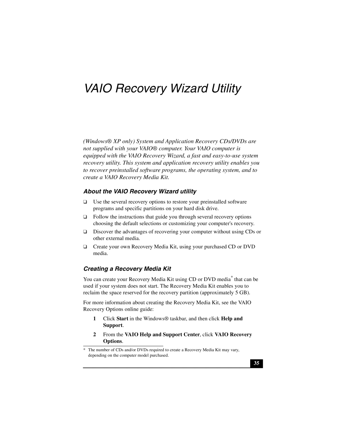 Sony PCG-GRT200 quick start About the Vaio Recovery Wizard utility, Creating a Recovery Media Kit 