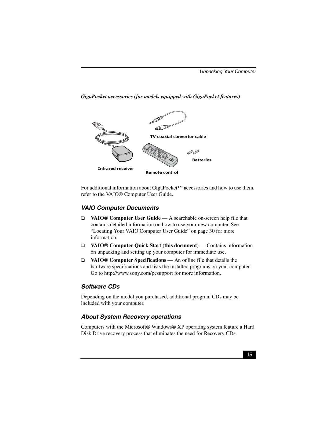 Sony PCG-GRT200Z quick start Vaio Computer Documents, Software CDs, About System Recovery operations 