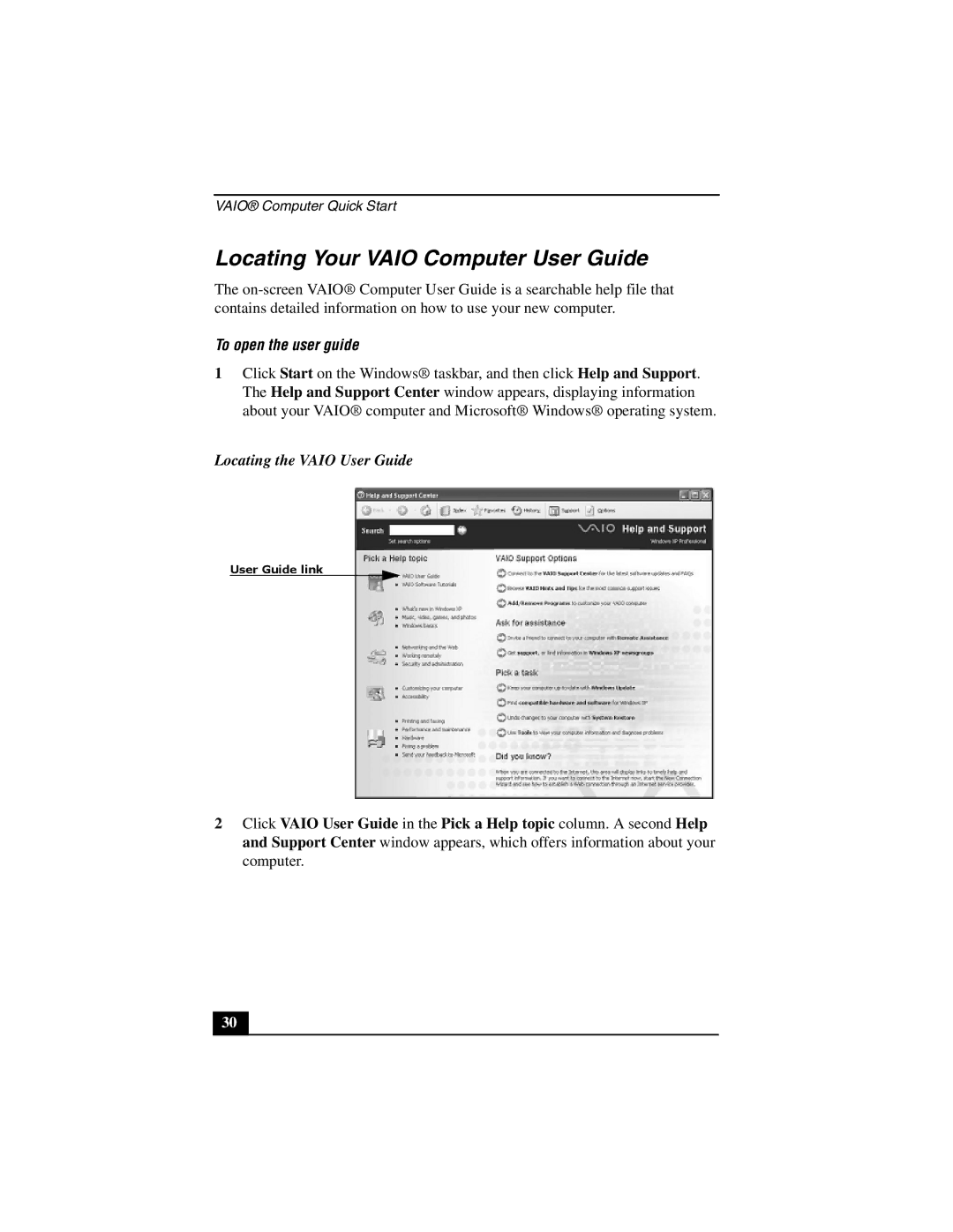 Sony PCG-GRT200Z quick start Locating Your Vaio Computer User Guide, To open the user guide, Locating the Vaio User Guide 