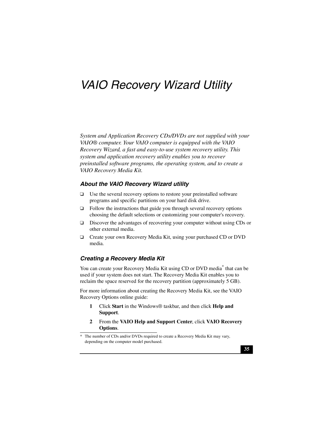 Sony PCG-GRT200Z quick start About the Vaio Recovery Wizard utility, Creating a Recovery Media Kit 