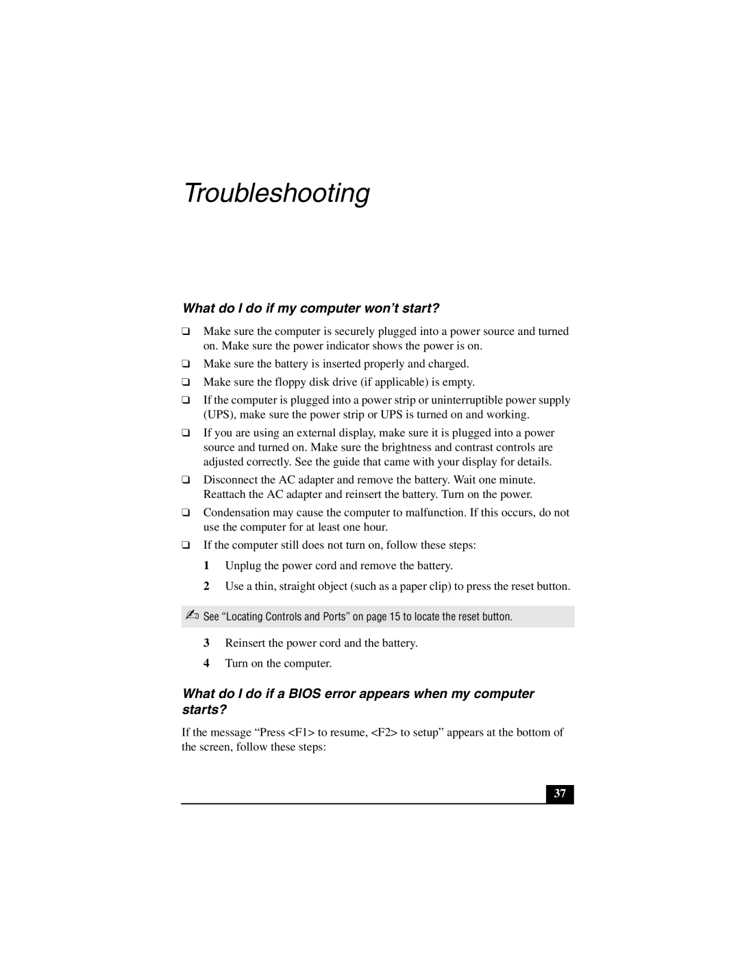 Sony PCG-GRT200Z quick start Troubleshooting, What do I do if my computer won’t start? 